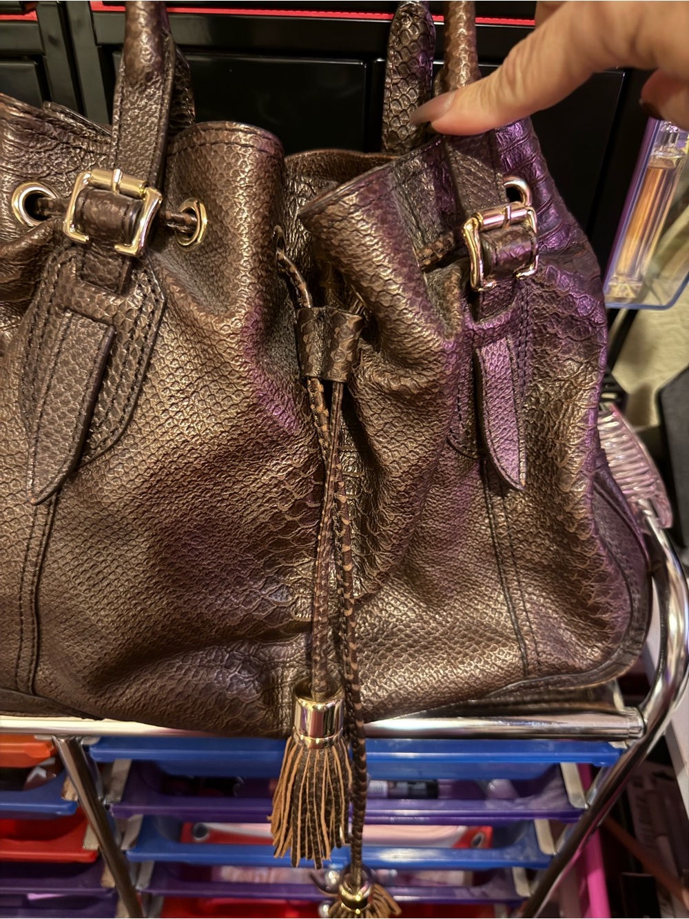 & Other Stories Brown Textured Drawstring Hobo Bag